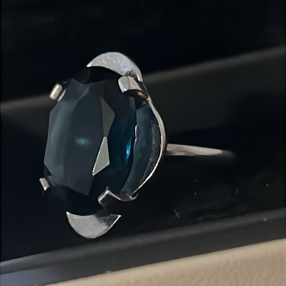 Vintage Art Deco Sterling Silver Blue Sapphire Gemstone Floral Ring - Picture 10 of 16